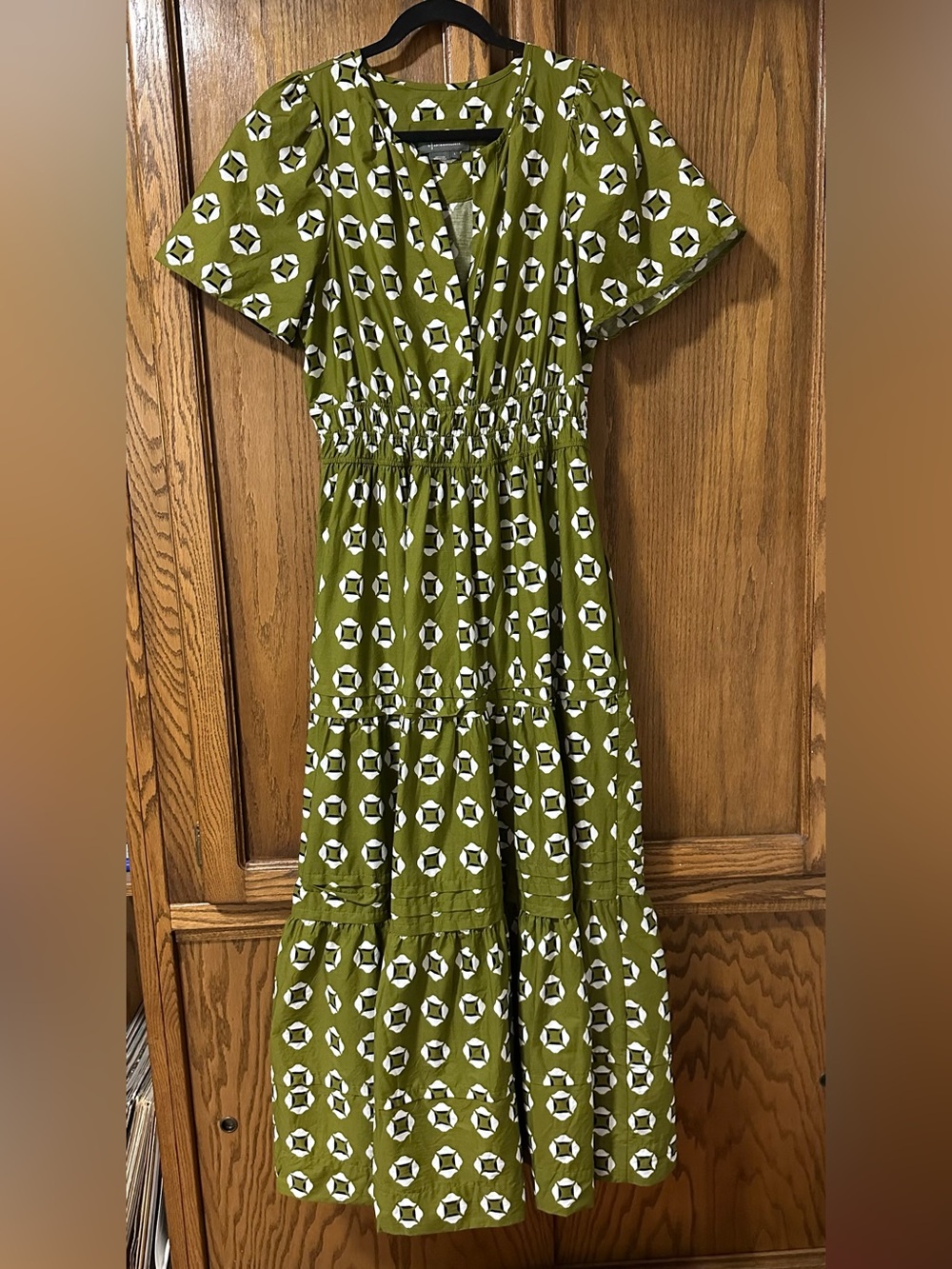 Anthropologie Somerset Olive Green Geometric Tiered Maxi Dress Sz L Cotton - Picture 4 of 15